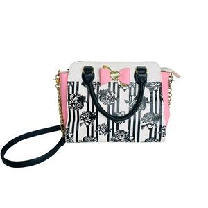 Betsy Johnson purse satchel large handbag in black n white with pink accents